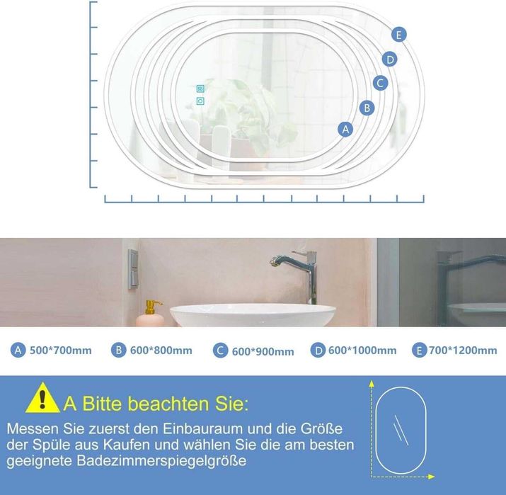 m2629. Lustro Łazienkowe Ścienne Owalne Led 50x70