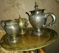 Старинный антикварный чайный сервиз мельхиоровый   чайник сливочник