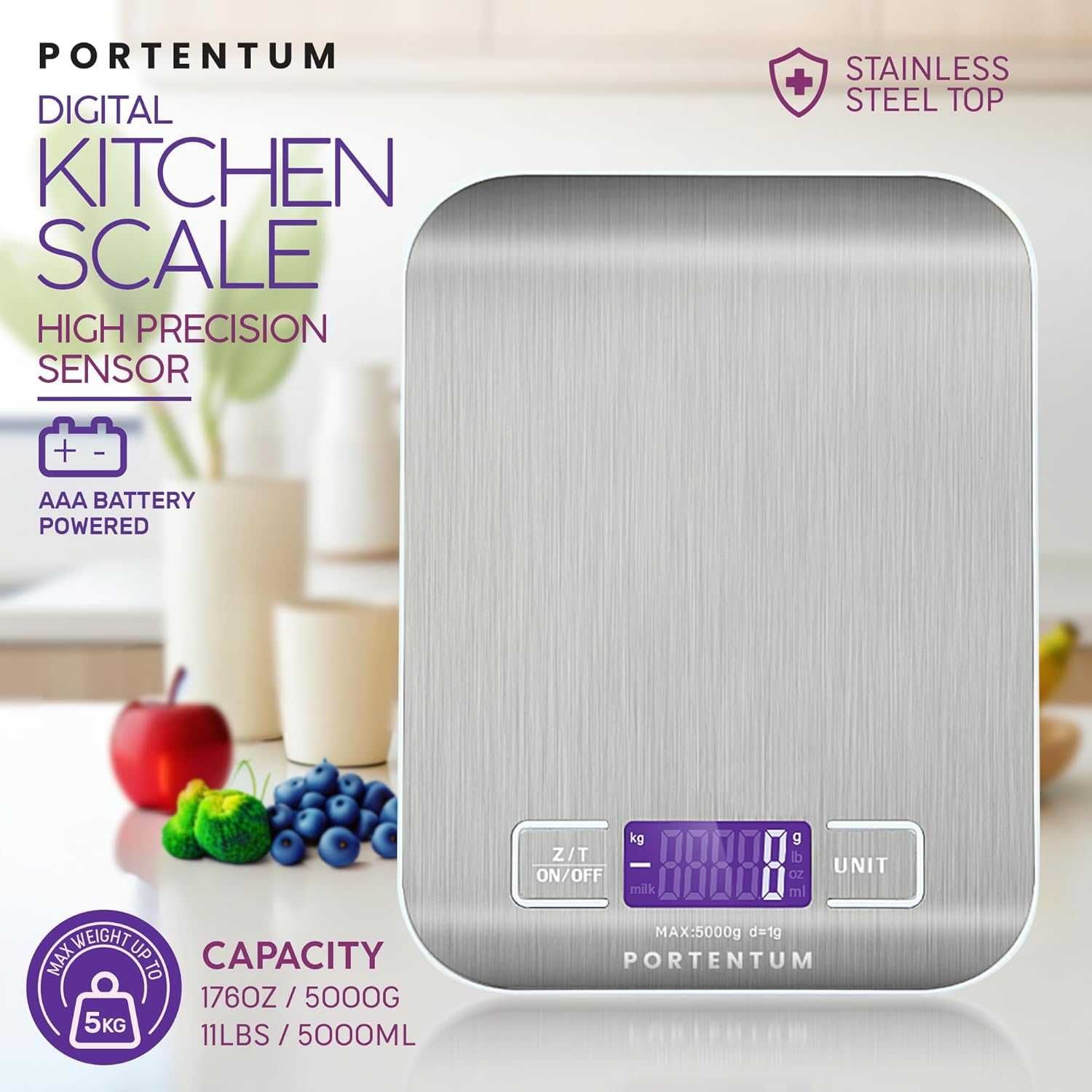 Balança cozinha precisa 1 gr. a 5 kg com ecrã LCD, aço inoxidável