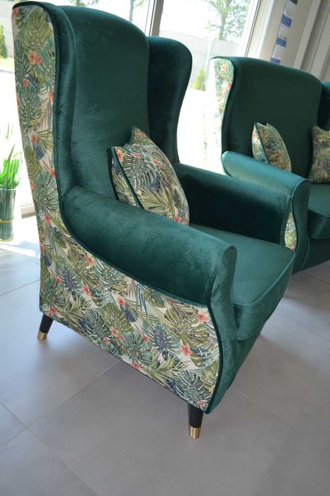 Zestaw mebli Uszak dwójka fotel pufa liście butelkowa zieleń