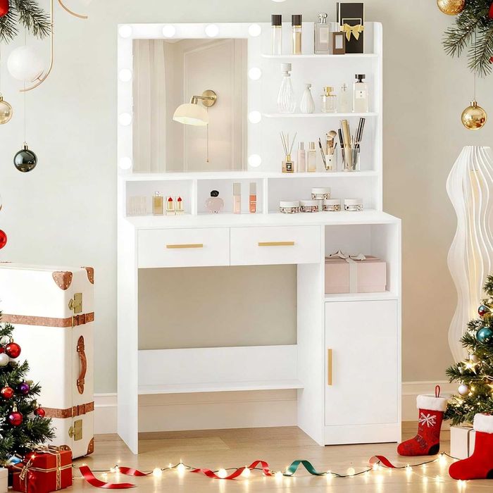 Toaletka z lustrem oświetleniem LED stolik biurko kosmetyczne biała