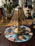Lampa stołowa vintage – 34 cm, szklany klosz z kwiatowym wzorem