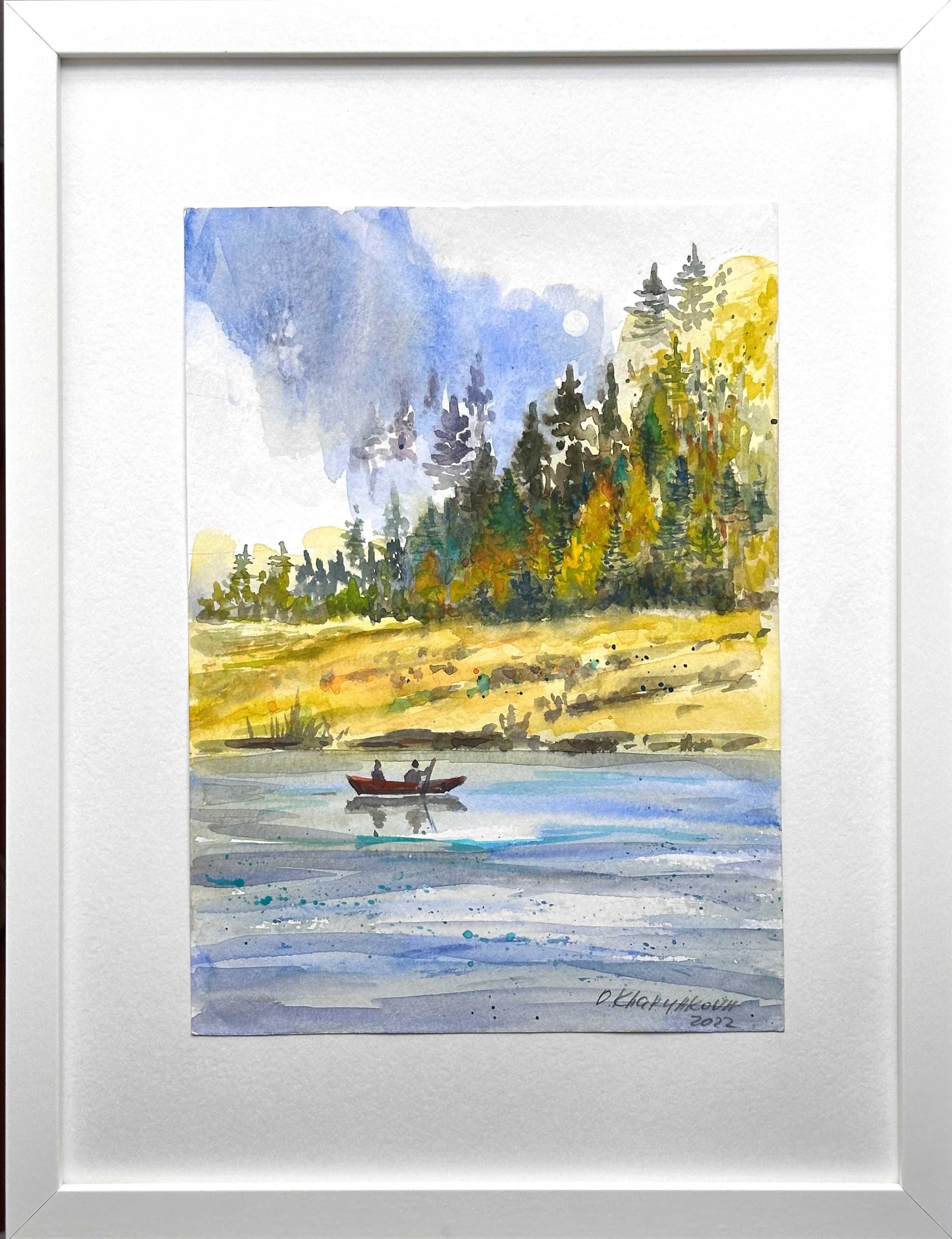 Quadro a aguarela com moldura, framed painting "Viajantes de barco"