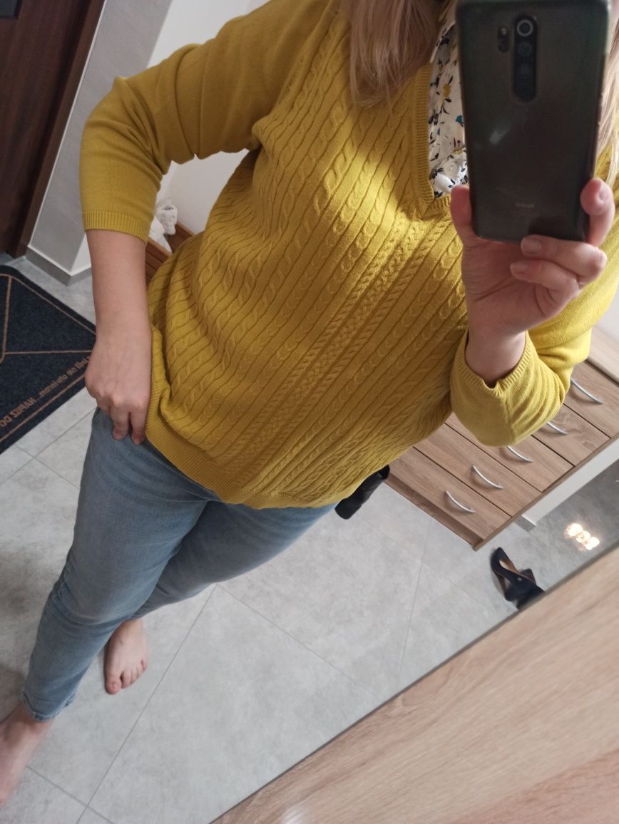 Żółty musztardowy bawełniany sweter z koszulą Bonmarche XL/42 kwiaty w