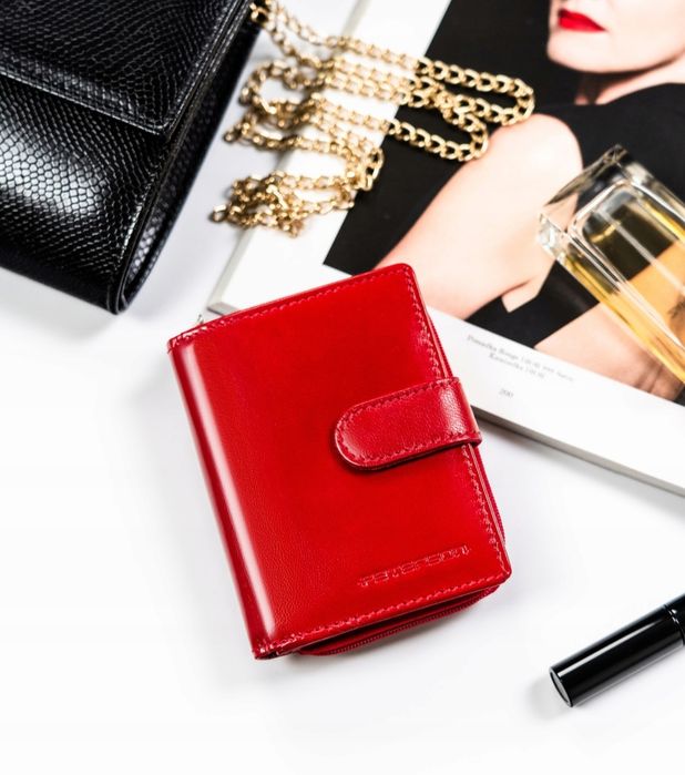 Peterson DAMSKI portfel skórzany mały pionowy na zatrzask czerwony