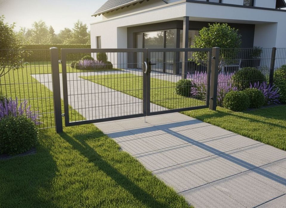 Brama skrzydłowa 2D panel ocynk malowana proszkowo słupy LOCINOX