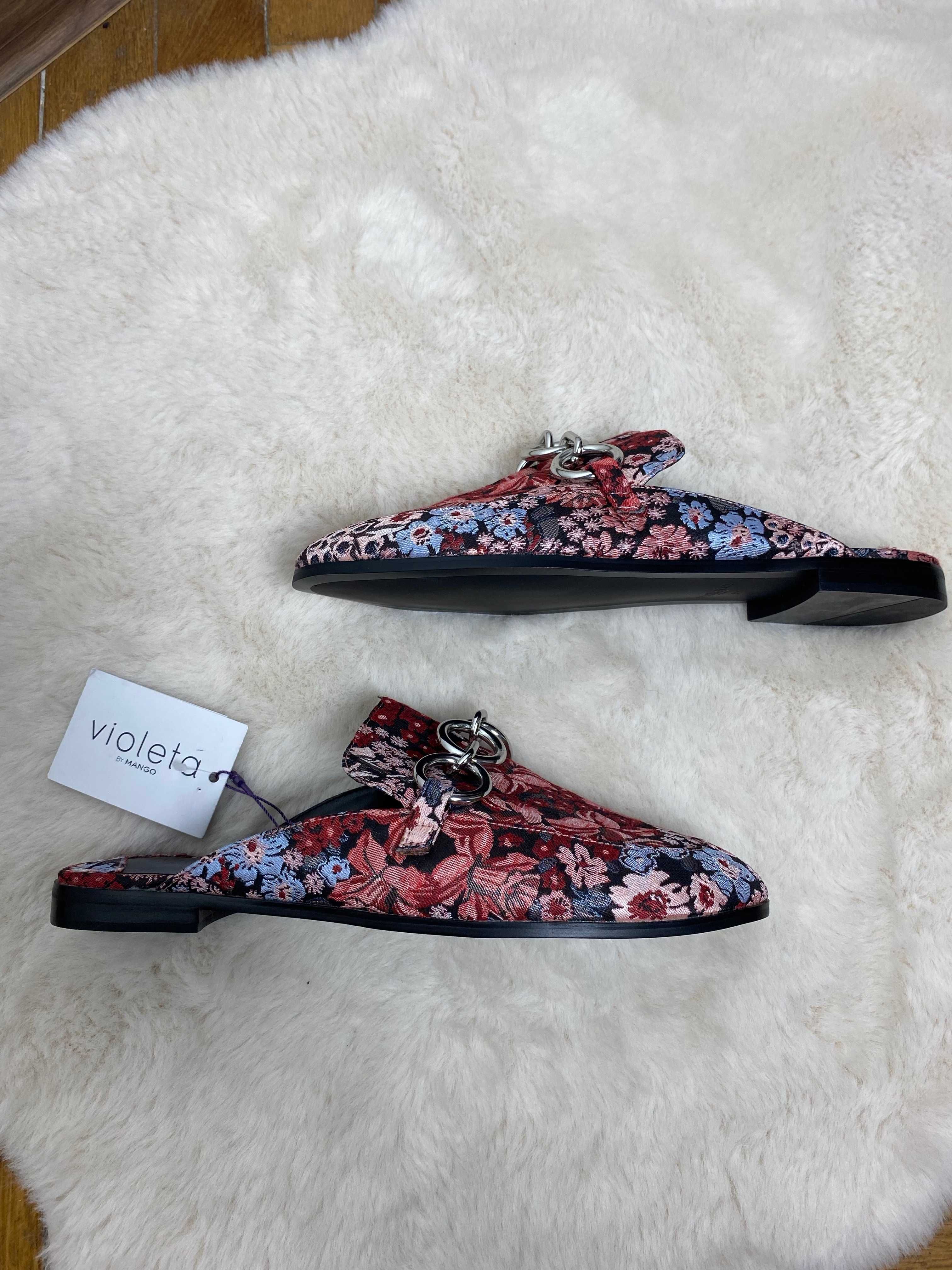 Nowe buty damskie klapki mule w kwiaty wzory 37 Mango odkryty tył