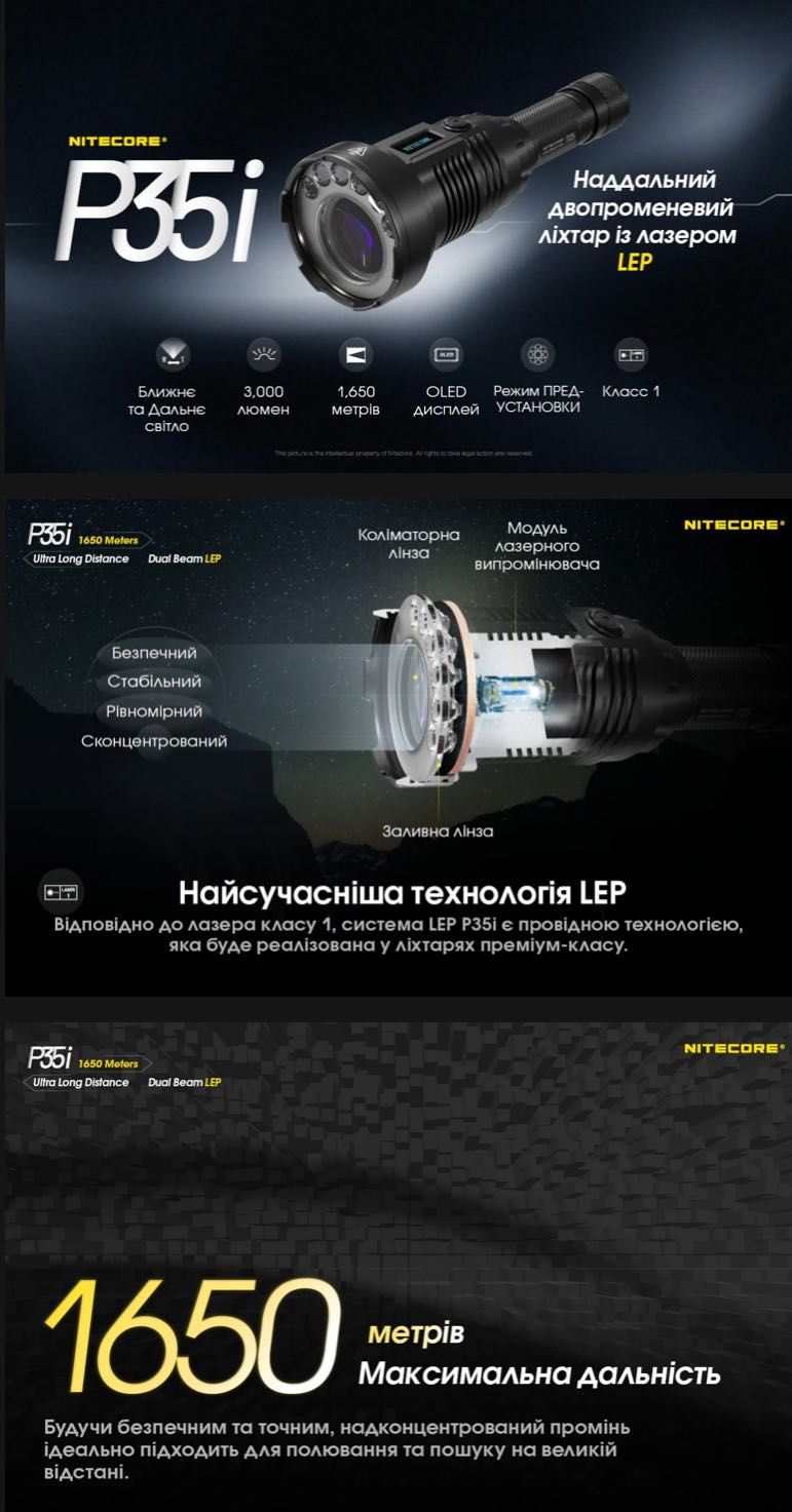 Nitecore P35i/2в1-лазерний ліхтар прожектором/3000люмен/1650метрів