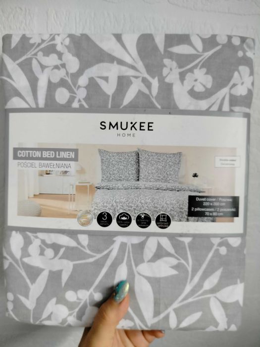 Pościel bawełniana Smukee dwustronna 160x200 szara białe kwiatki 925