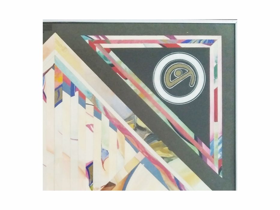 Akwarela z kolażem. Obraz w szkle 70/50, sygnowany. Szyba do wymiany.