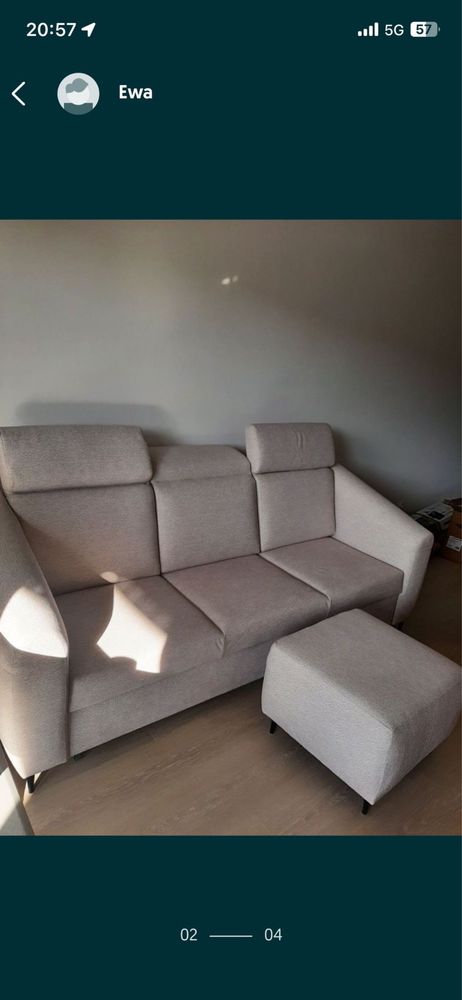 Nowa sofa rozkładana do spania, zagłówki regulowane, beżowa, podnóżek