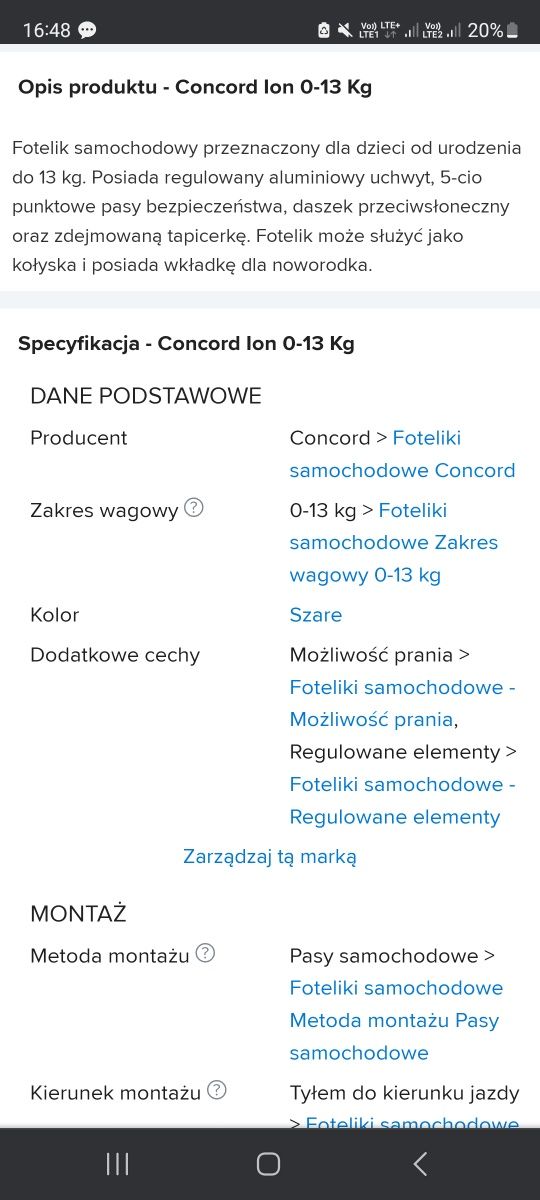 Nosidełko fotelik samochodowy Concord Ion 0-13 kg