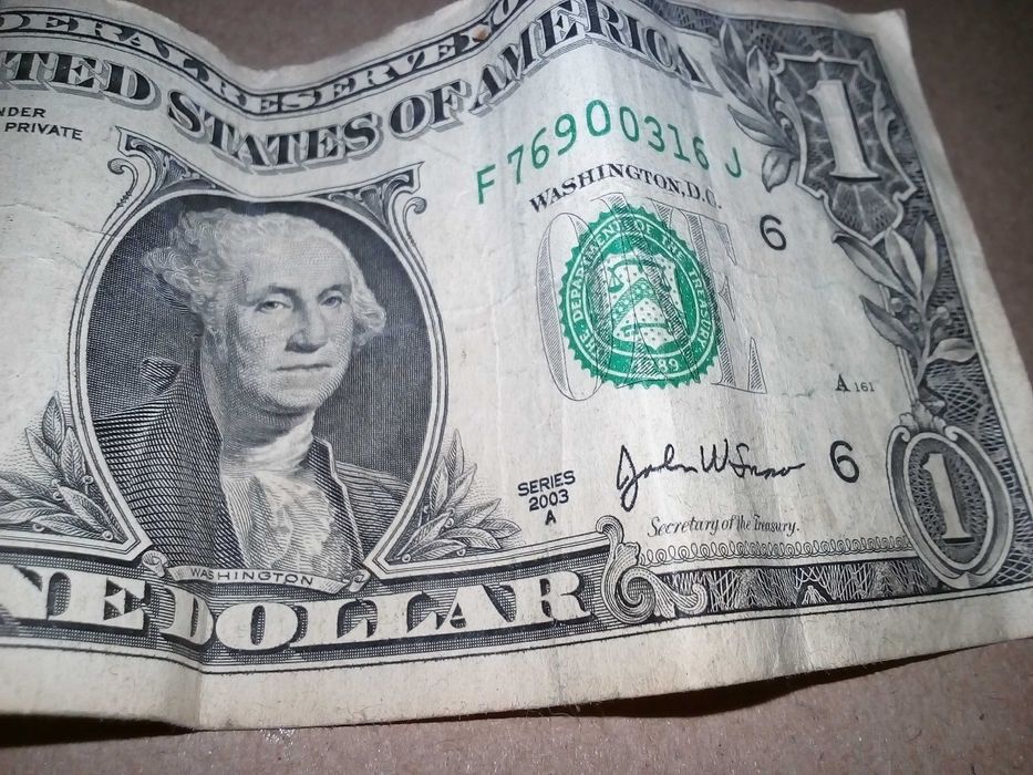 один доллар, one dollar, купюра, банкнота США (USA) 1 доллар 2003 год.