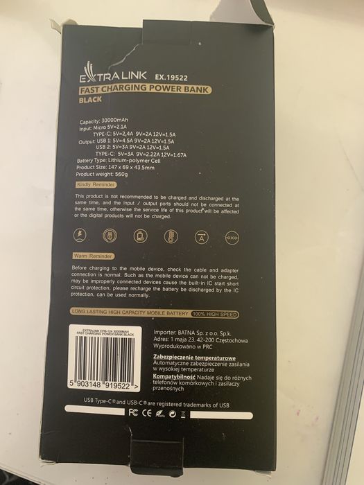 czarny powerbank Extralink 30000mAh 22,5 W