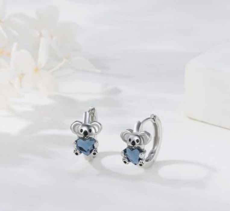 Srebrne kolczyki koala z niebieskim serduszkiem srebro 925