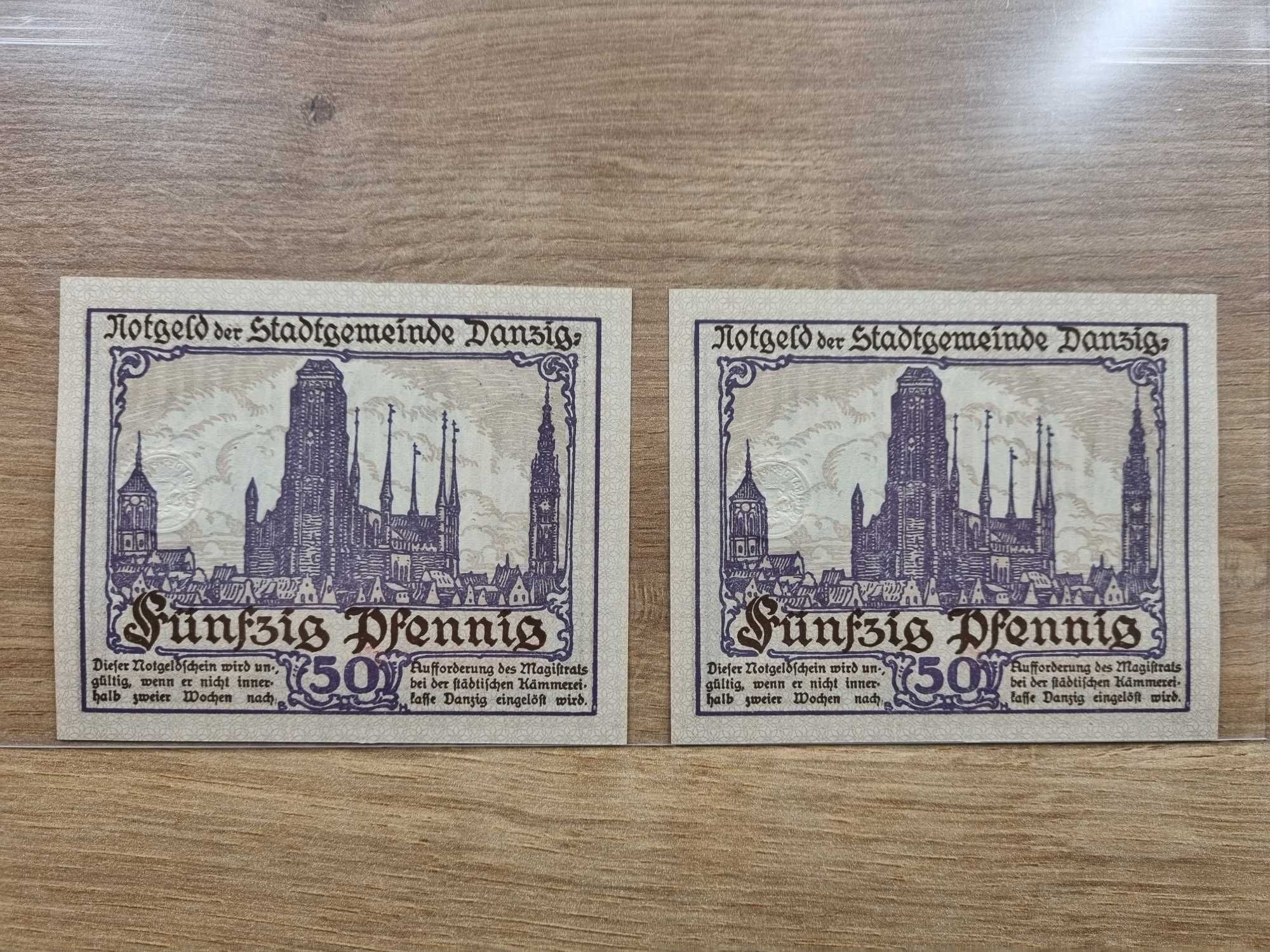50 Pfennig 1919 WMG 2 sztuki numer po numerze UNC Wolne Miasto Gdańsk