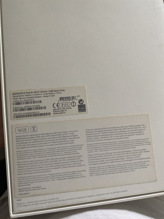 iPad Air pudełko opakowanie box Wi-Fi Cellurar 16gb Space Gray