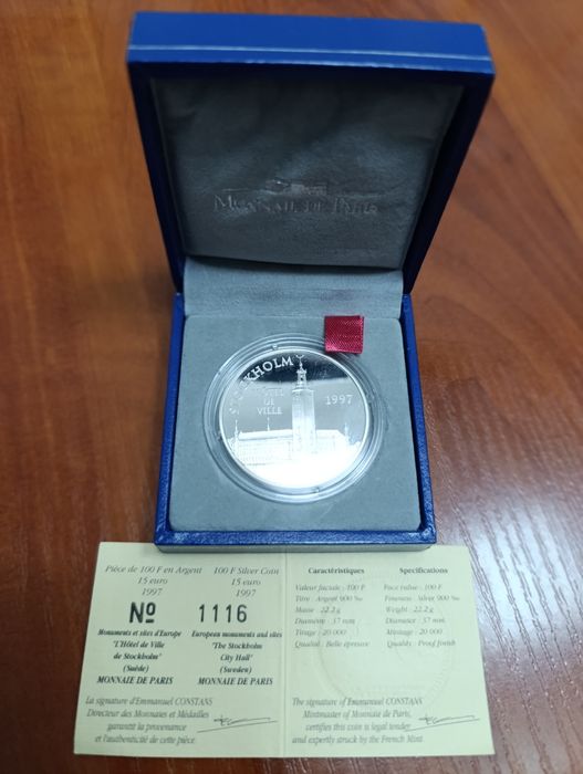 Срібна монета 100 франків. 1997 рік. ПРУФ. Сертифікат. Футляр.