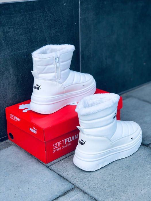 Снежно - белые кожаные дутики Пума на молнии / дутиши Пума / Сапоги