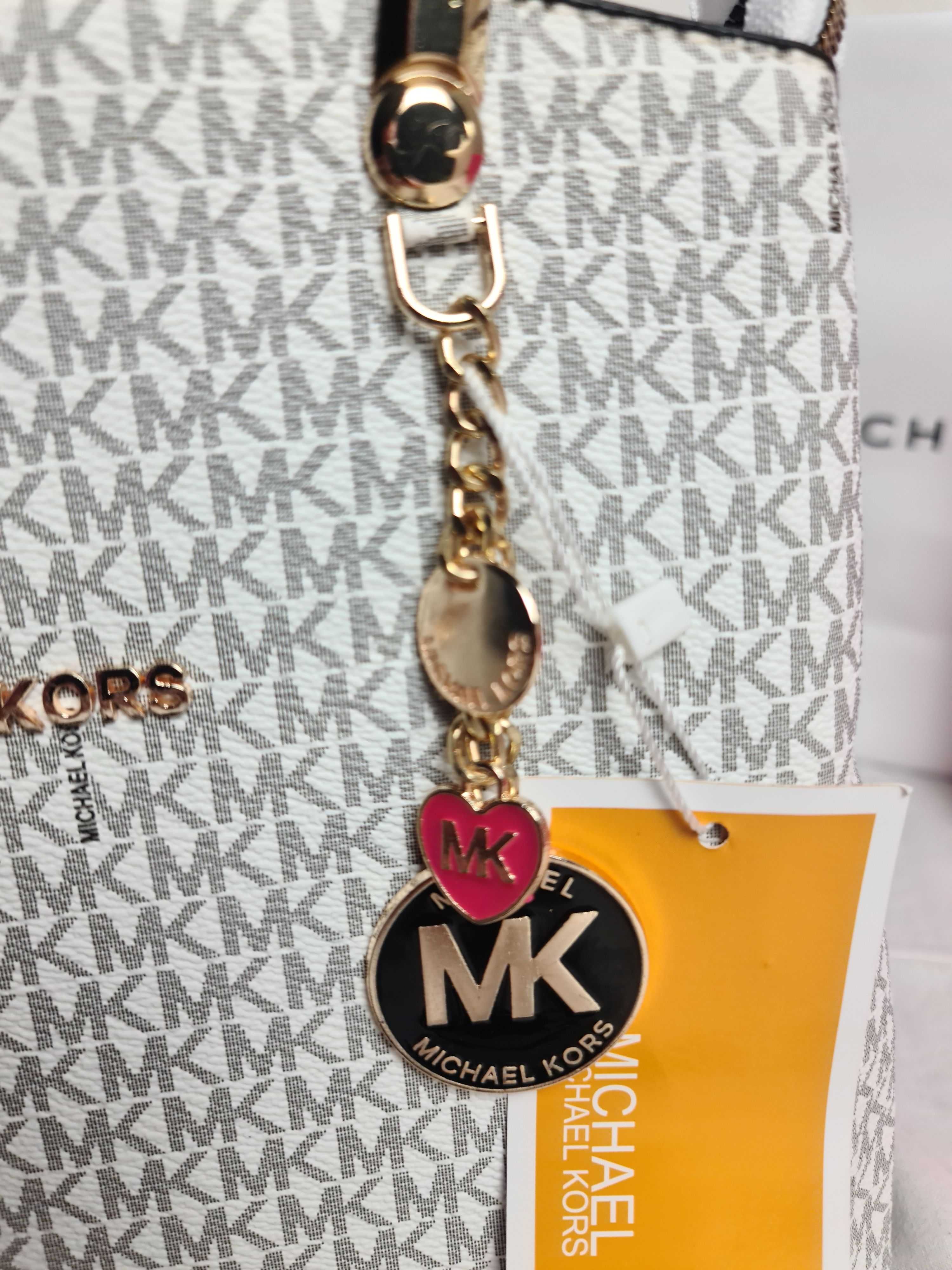 Torba damska biała michael kors torebka mk brelok