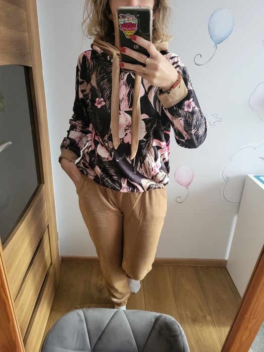 Komplet welurowy dres brazowy / beżowy bluza z kapturem L