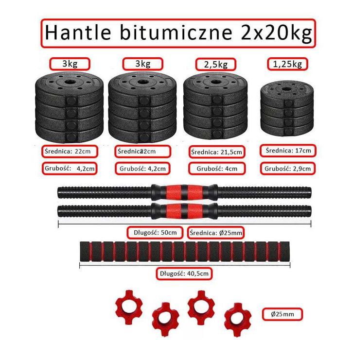 Zestaw hantli 2x20kg hantle 40kg regulowane hantle ze sztangą WAW NOWE