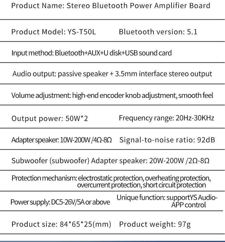 Усилитель мощности+ Bluetooth 5.0 стерео 2*50W. корпус. Aux, USB, bass