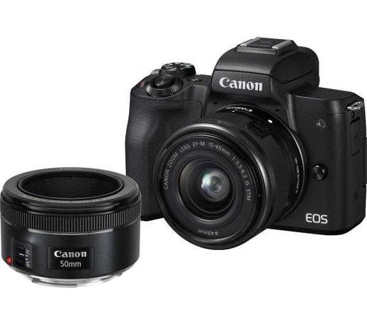 Canon EOS M50 +Obiektywy M 15-45mm +50mm 1.8 + adapter EF-EOS M 2xAku