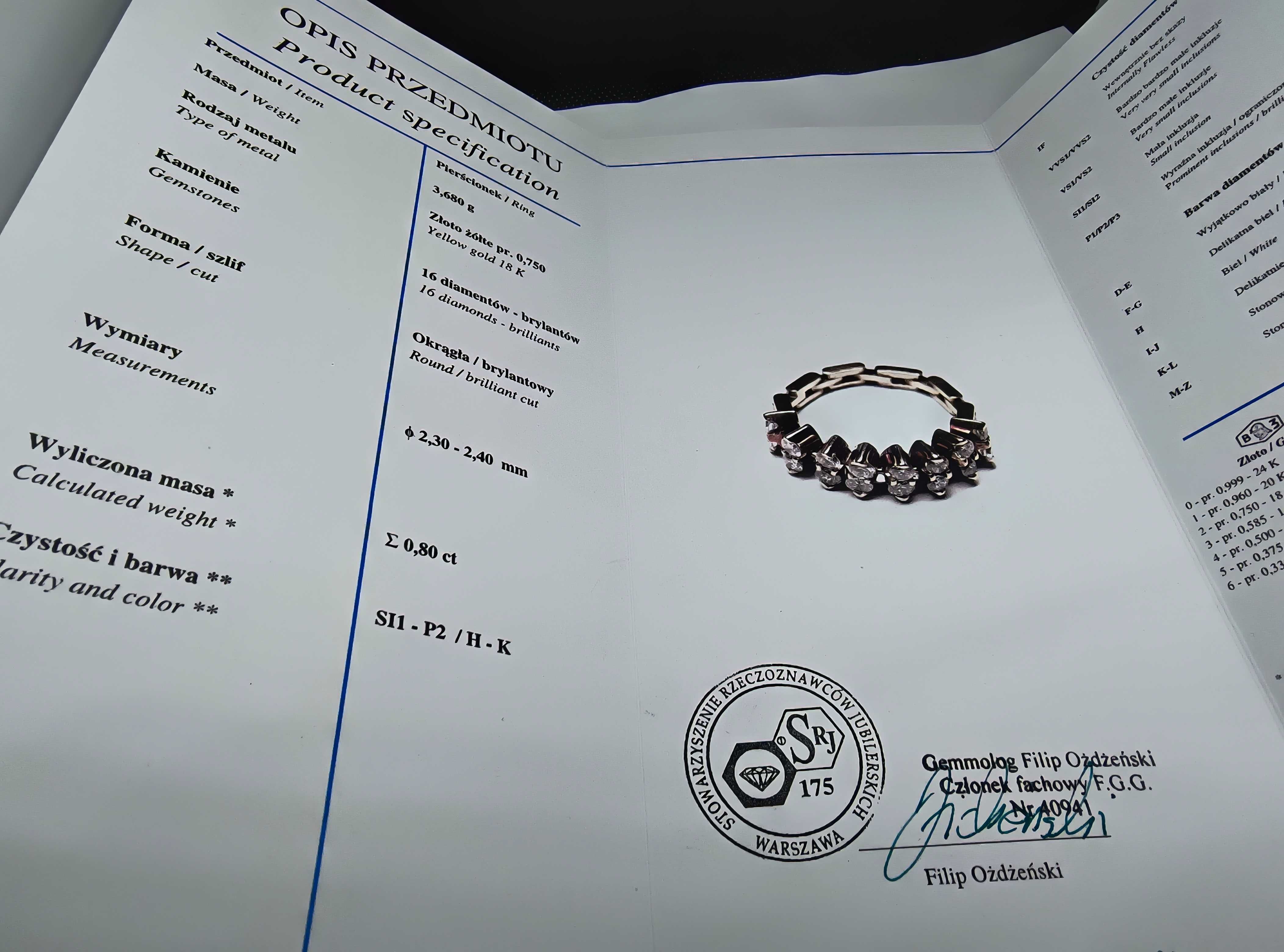 Pierścionek z brylantami0.80ct certyfikat