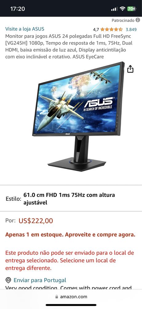 Monitor Asus VG245H 75 Hz 24” PREÇO NEGOCIÁVEL