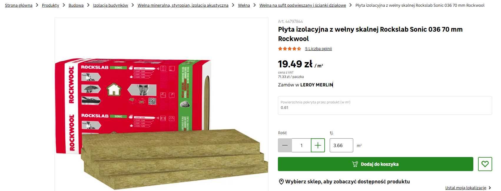 Płyta izolacyjna z wełny skalnej Rockslab Sonic 036 70 mm Rockwool