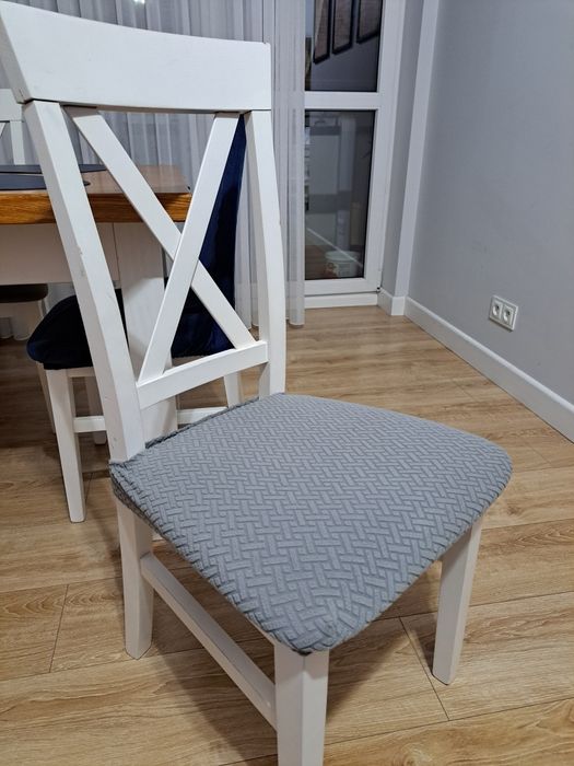 Rozkladany Stół 160cm i krzesła i biel I drewno+pokrowce na krzesła