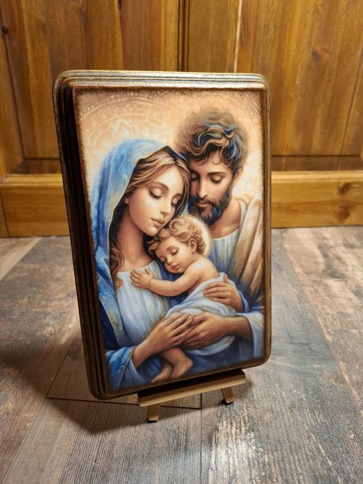 Obraz na ścianę ręcznie zdobiony na drewnie Święta Rodzina