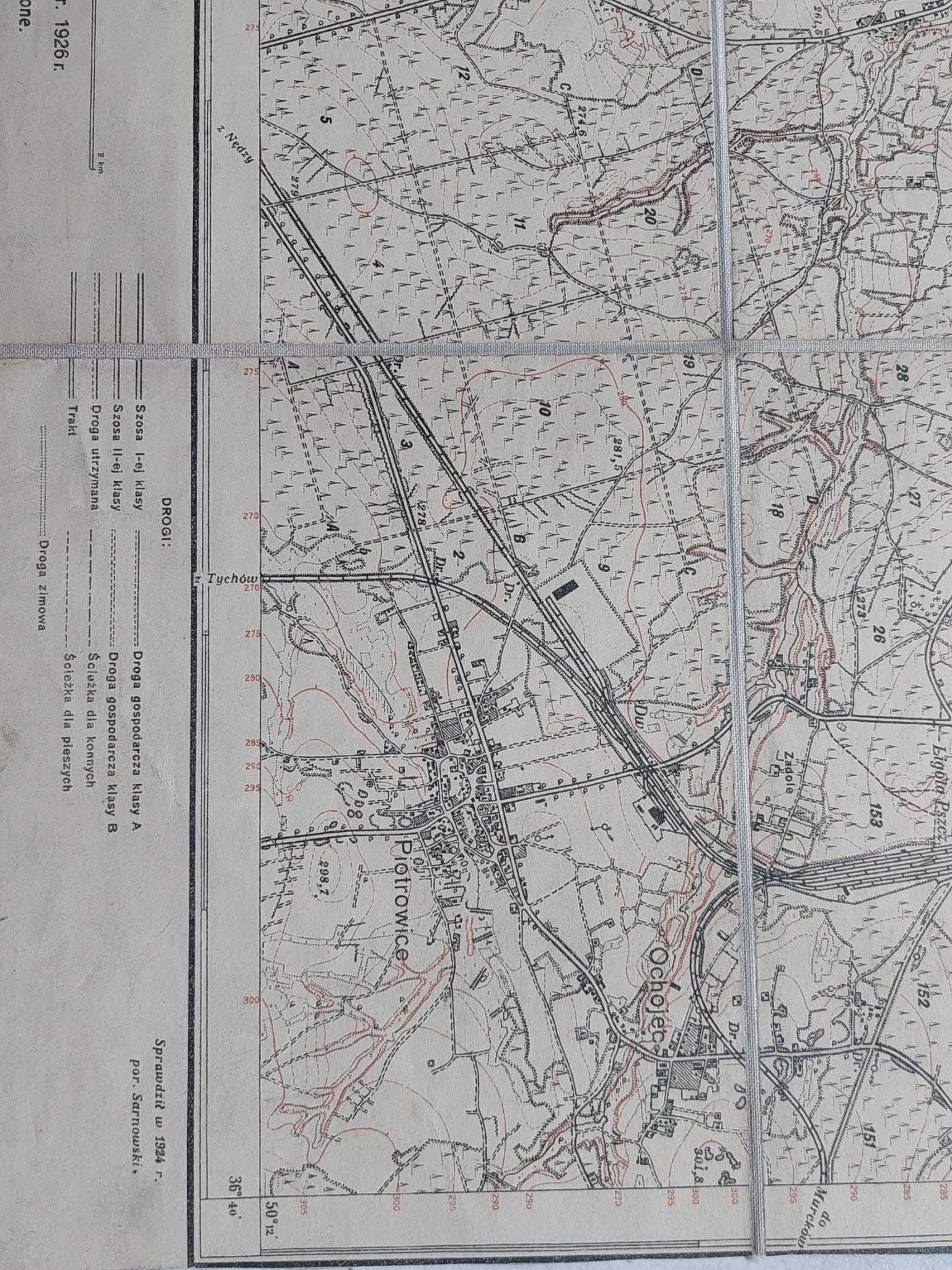 Mapa wojskowa WIG Katowice Chorzów Ruda oryginał 1926, płótno, II RP