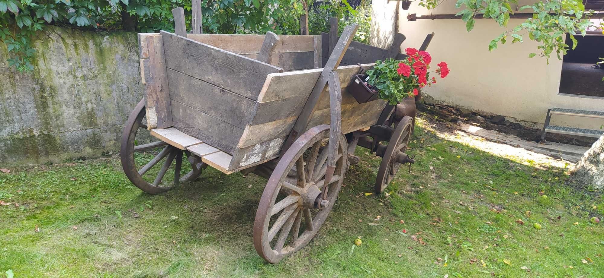 Zabytkowy, stary wóz konny żelaźniak, ozdoba ogrodu