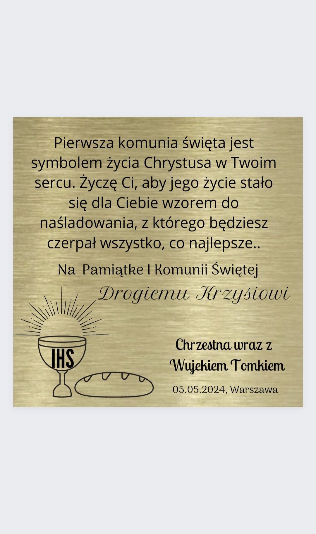 Elegancka personalizowana aluminiowa kartka na komunie inne premium