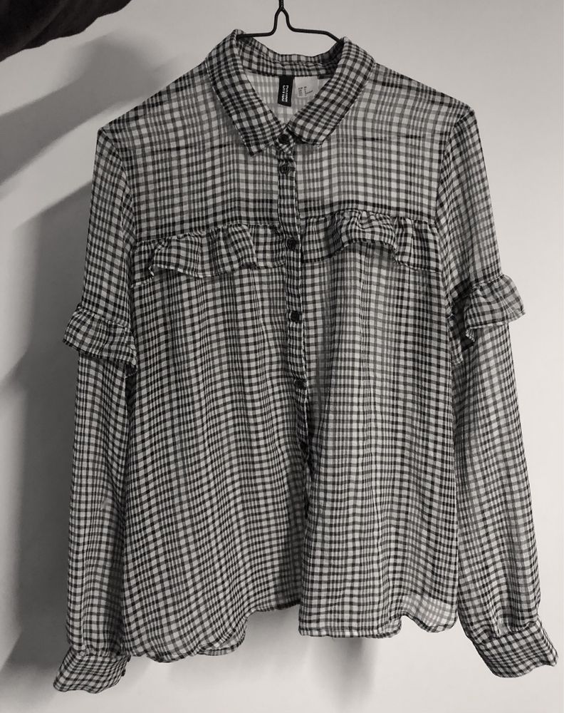 Koszula bluzka H&M 36 S zwiewna mgiełka tiul kratka falbanki