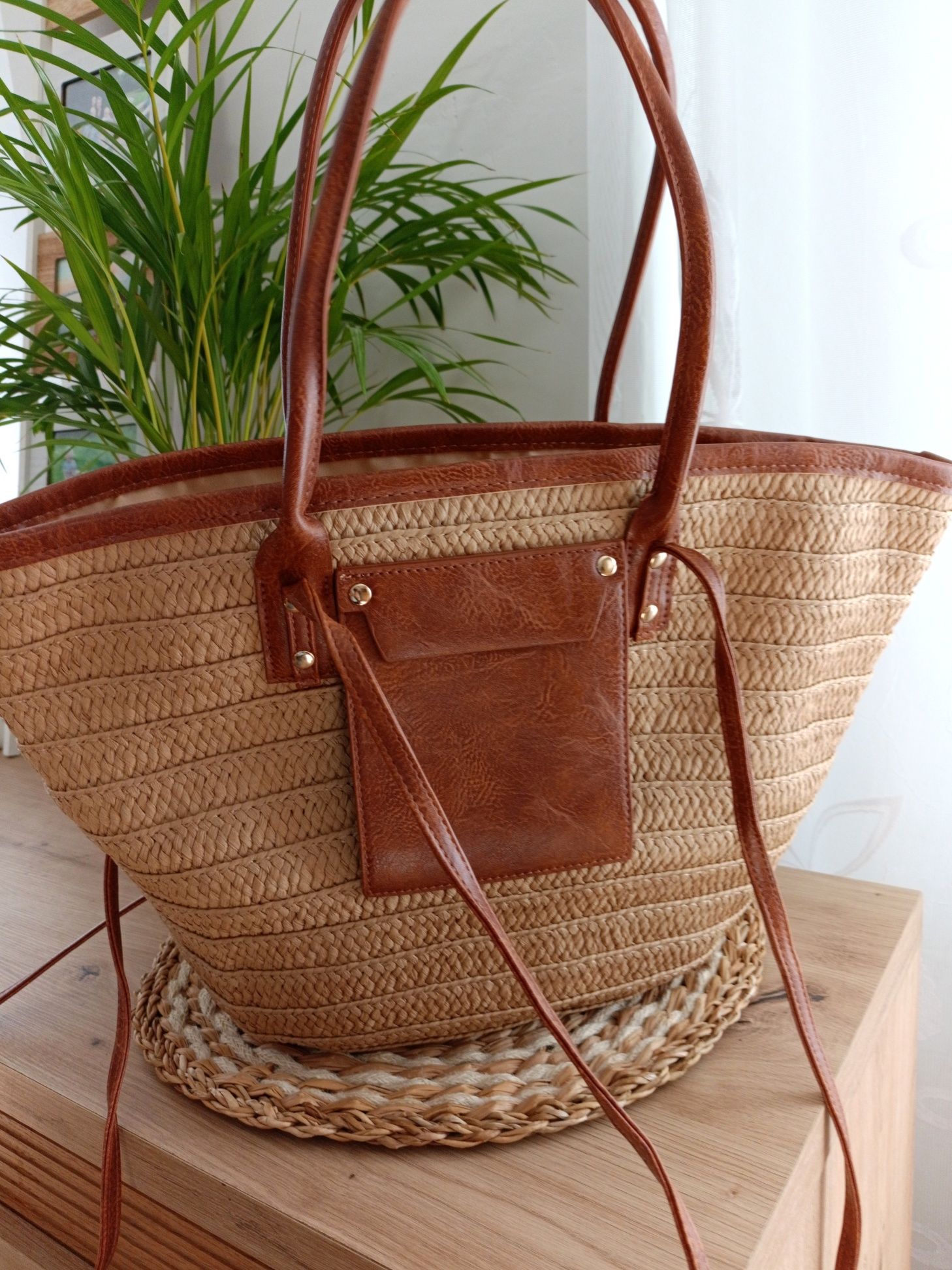 Torebka shopperka pleciona na wiosnę lato na plażę brązowa Boho