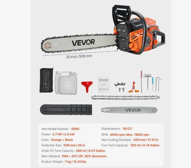 F1326 Potente motosserra Vevor 58cc lâmina  50cm depósito 50ML 2,7 hp