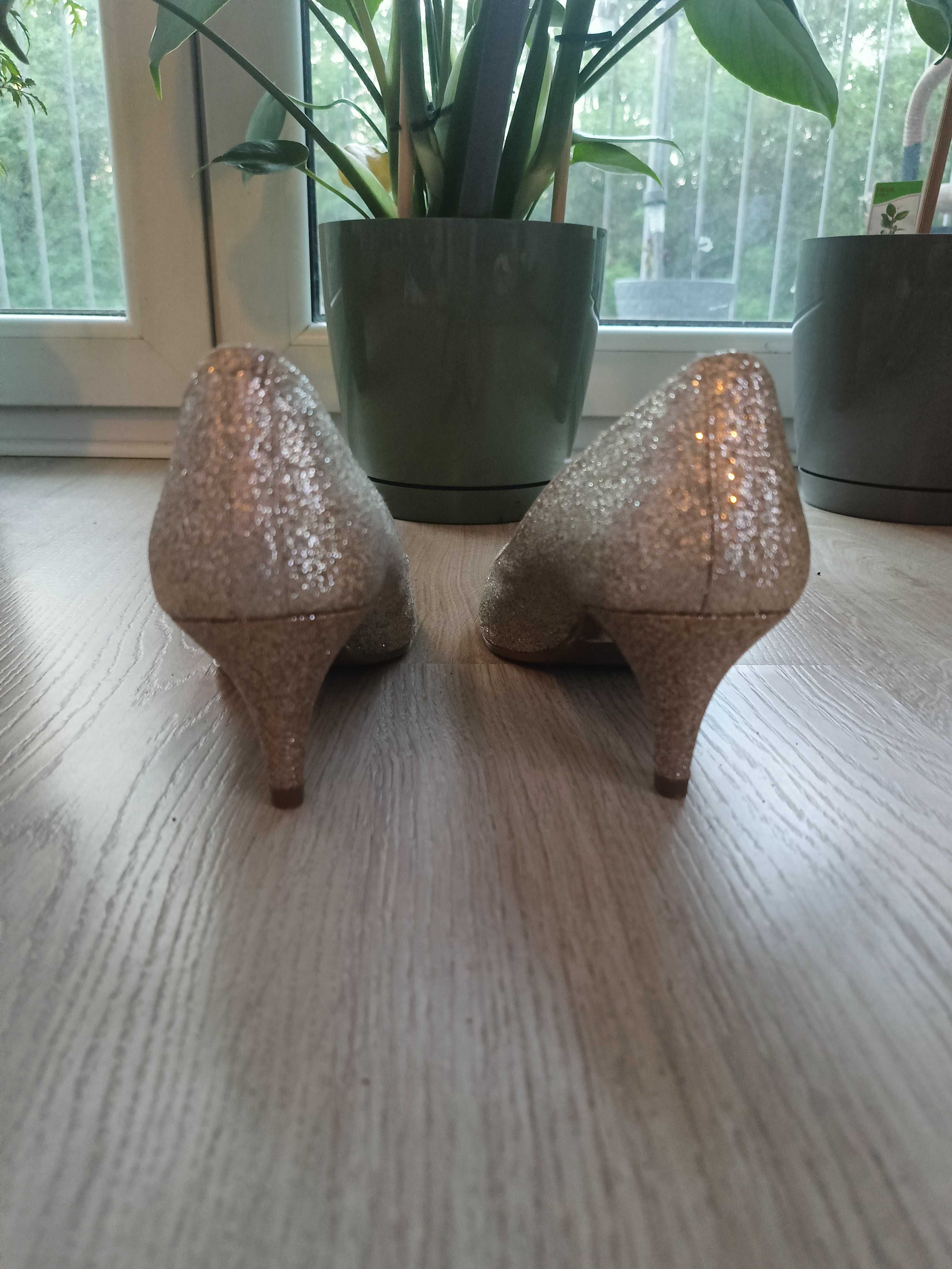 Czółenka na Niskim Obcasie SZpilki BROKATOWE Buty ZŁOTE DAMSKIE