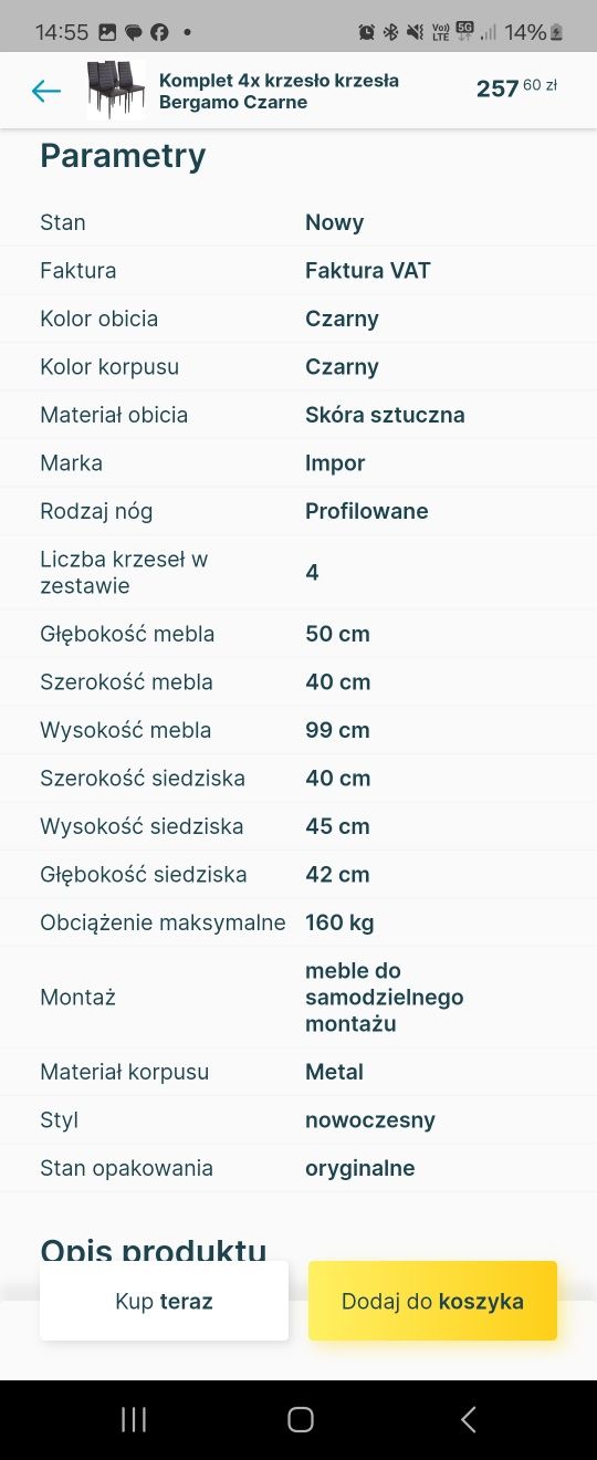 Krzesla 4 sztuki czarne z ekoskóry NOWE