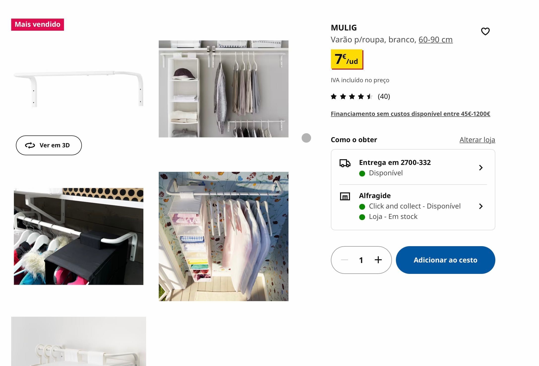 Varão p/roupa branco MULIG Ikea