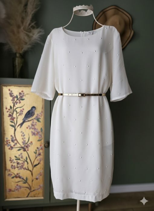 Elegancka Kremowa Sukienka damska Monnari z Perełkami L/ xL