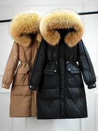 Płaszcz damski ocieplany kurtka futro naturalne kaptur kolory rozmiary