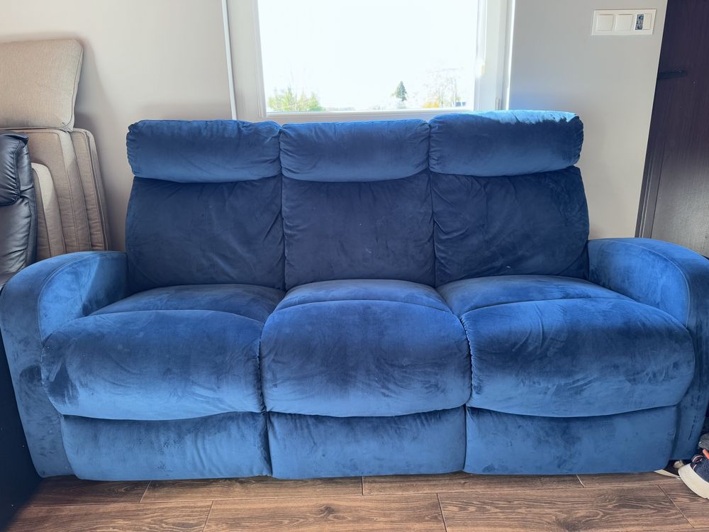 Sofa 3-osobowa welurowa z manualną funkcją relaksu