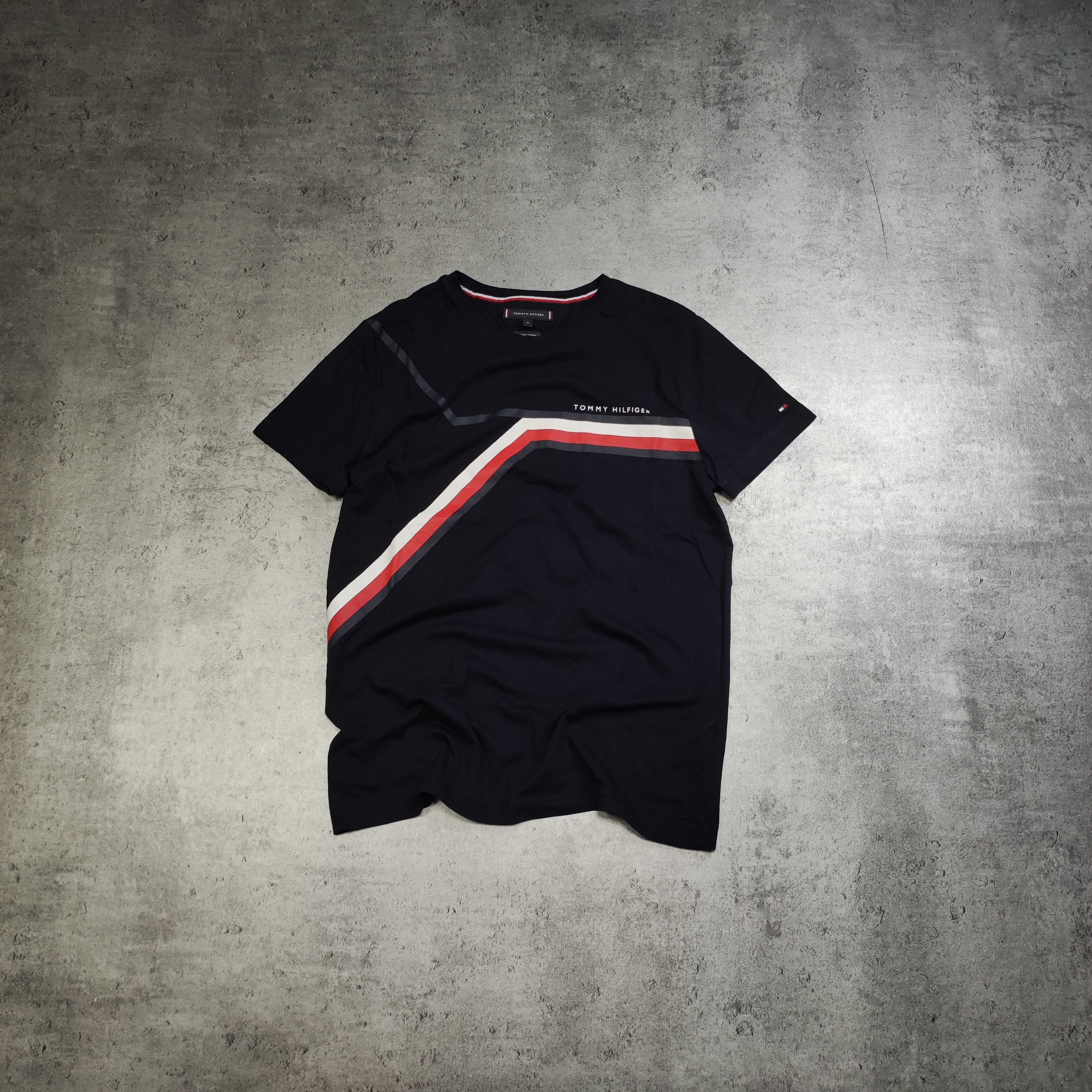 MĘSKA Koszulka Elegancka Granatowa Duże Logo Paski Tommy Hilfiger Haft