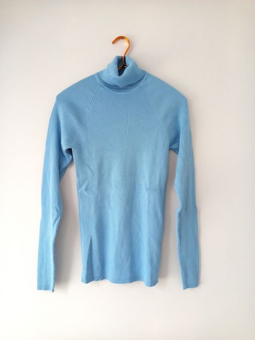 Dzianinowy sweter damski golf niebieski M L XL prążkowany zimowy