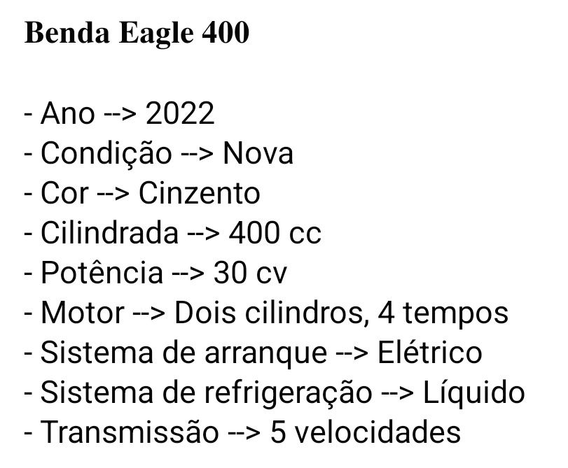 Benda Eagle 400 com 0 kms