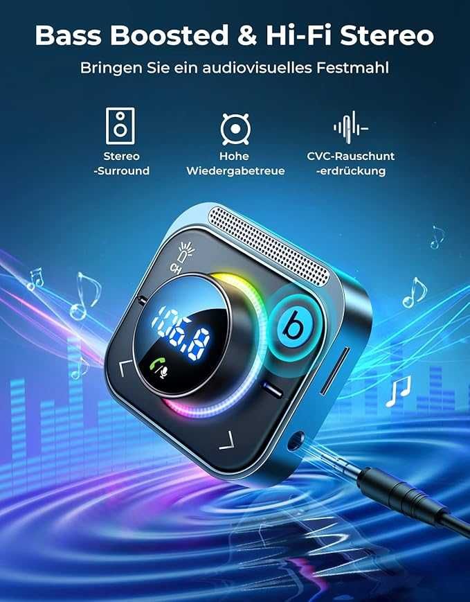 JOYROOM transmiter samochodowy Bluetooth 5.3 FM, Głęboki bas 30W PD