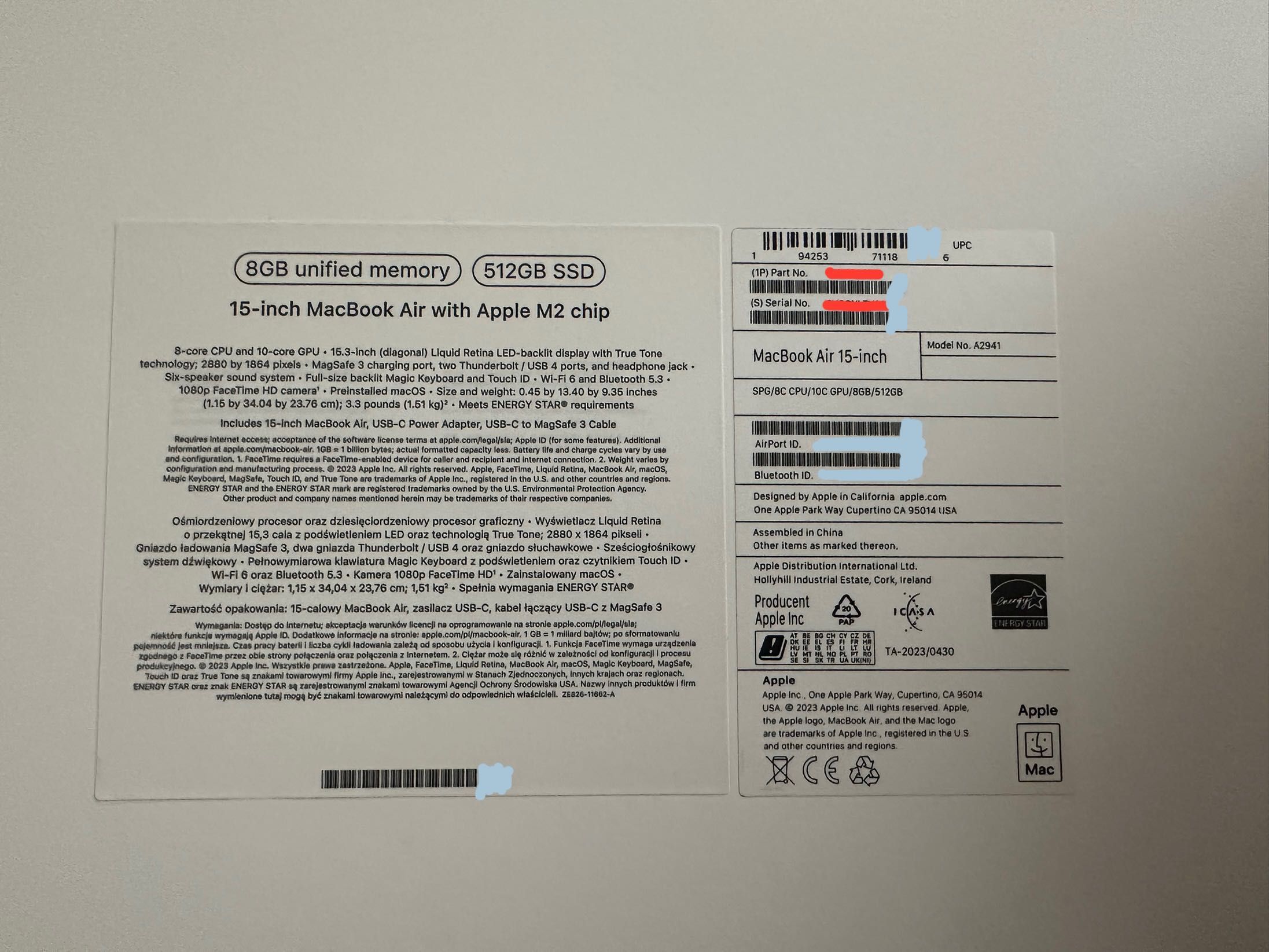 MacBook Air 15” (2023) M2 / 8GB RAM / 512GB SSD
